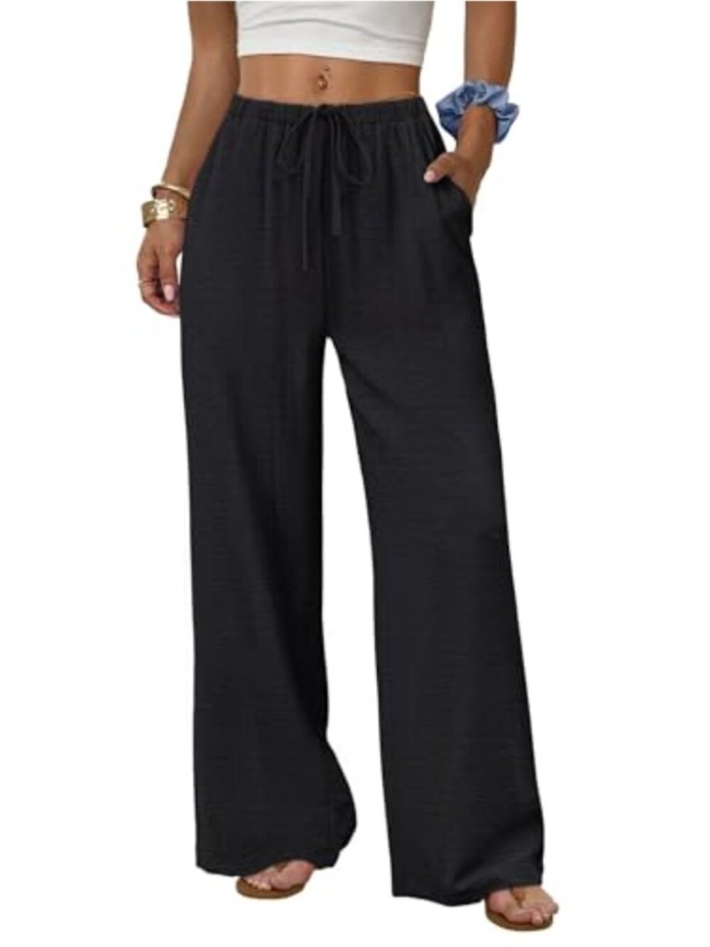 Wide Leg Palazzo Pants Drawstring Elastic Waist Trousers with Pockets